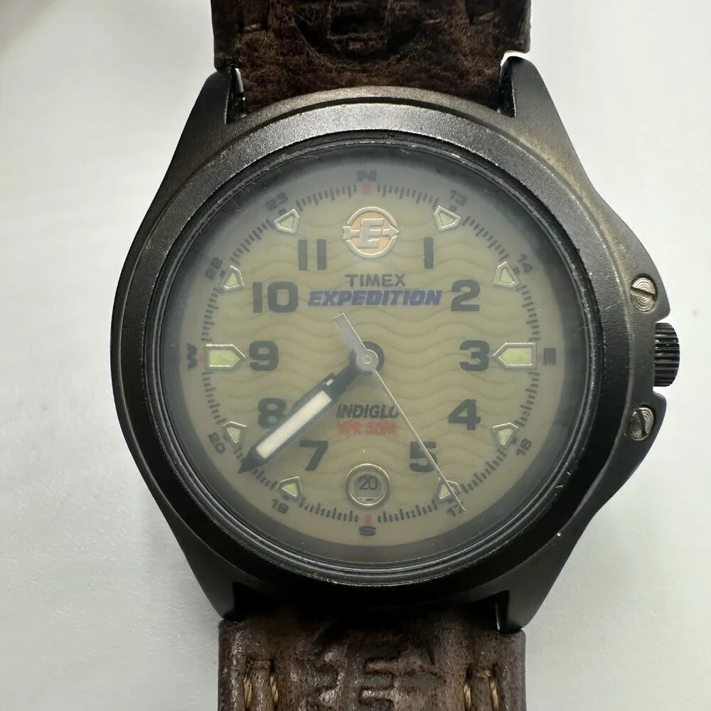 Timex Expedition Watch Men Indiglo Dial Date Window Brown Leather Band Works